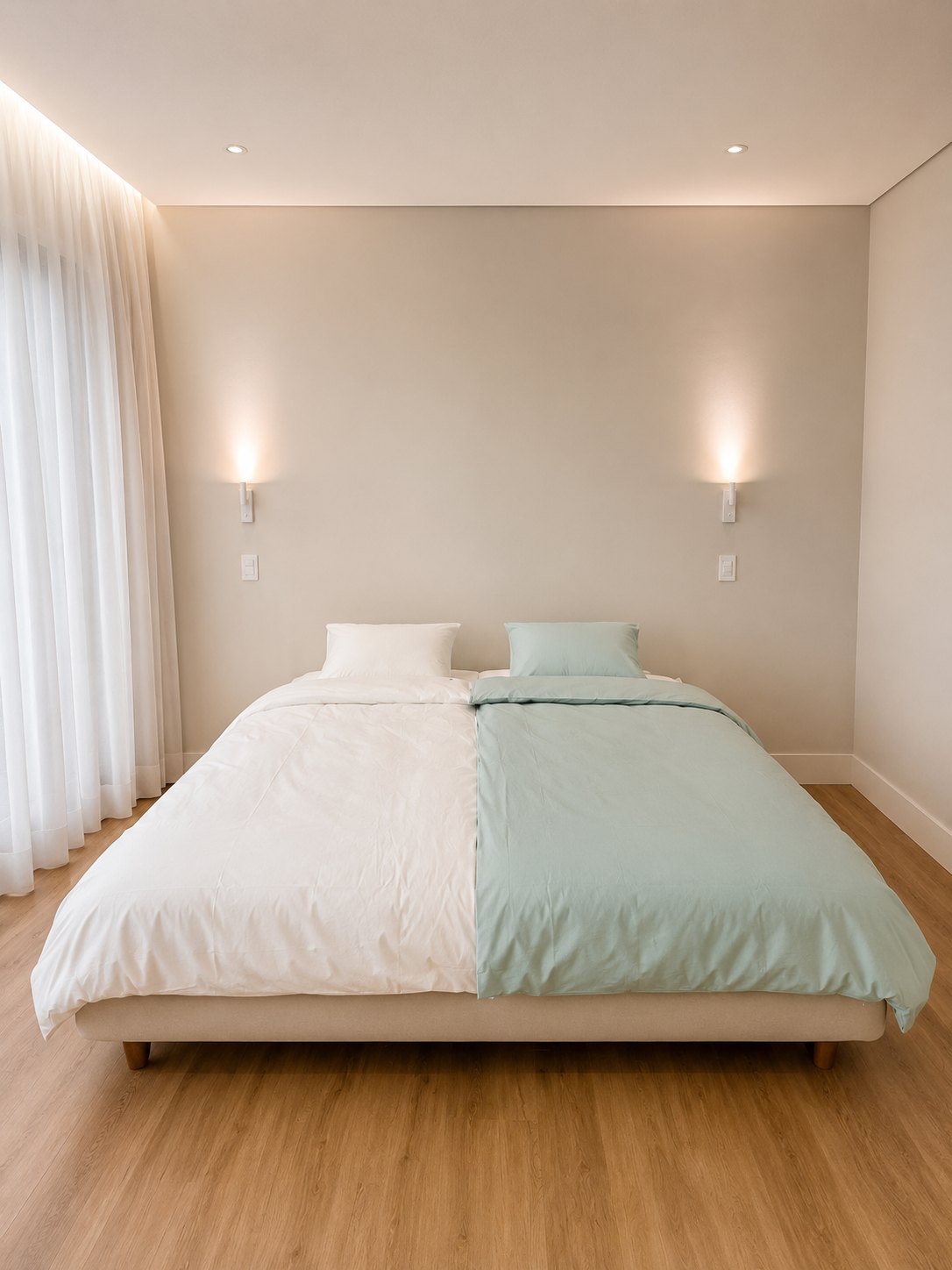 Dois duvets individuais lado a lado, um branco e um verde aquarela