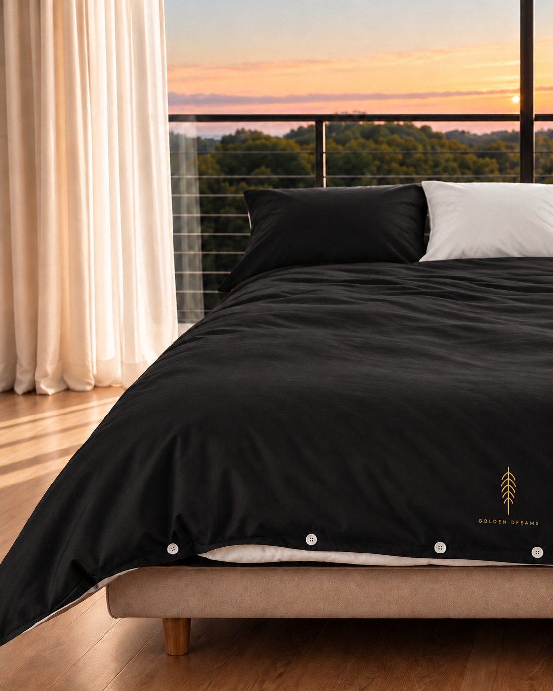 Cama com duvet e fronha pretos, fronha branca e botões brancos, janela ao fundo