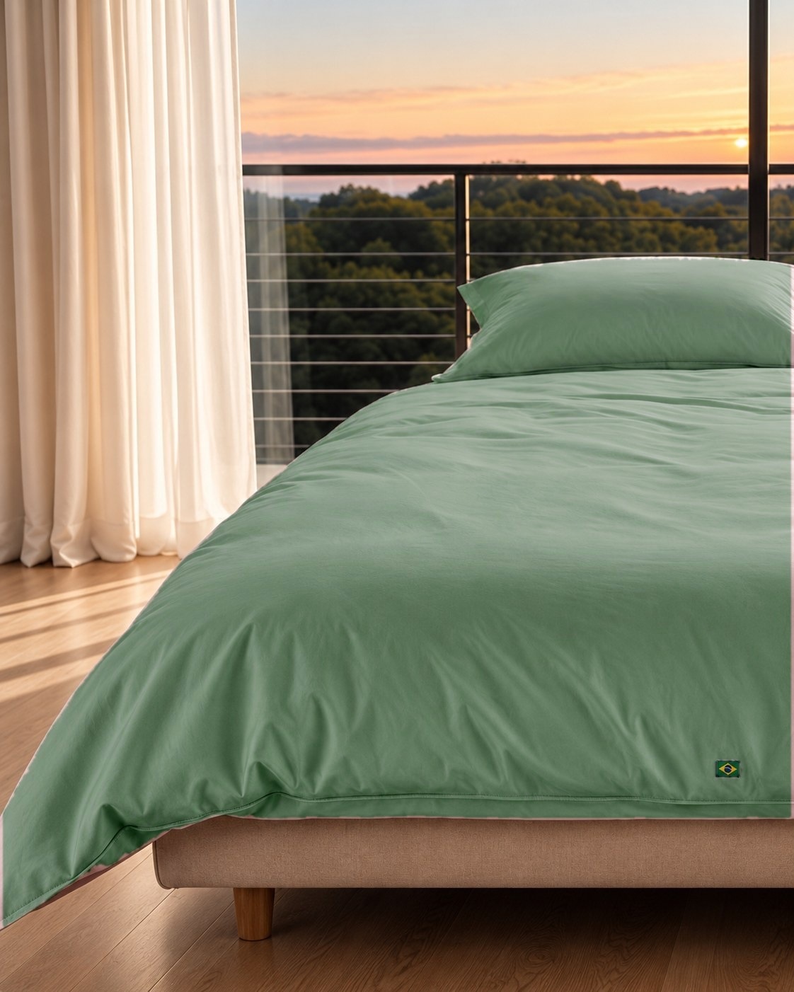 Canto de uma cama com duvet e travesseiro vestidos em Verde Floresta, janela ao fundo